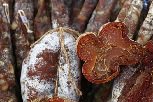 Selection of smoked and cured meat sausages