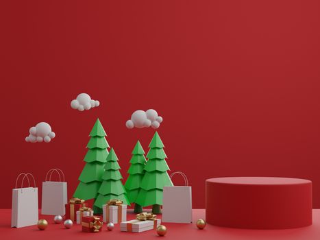 Red background with podium, gift box and Christmas trees for product. 3D rendering.
