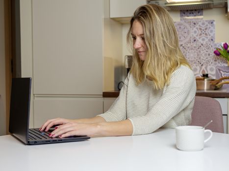 Beautiful young woman working on laptop computer while sitting at the living room, drinking coffee. Woman Working At Home On Laptop Computer
