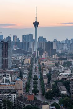 Chengdu 339 TV tower and city skyline aerial view in late afternoon