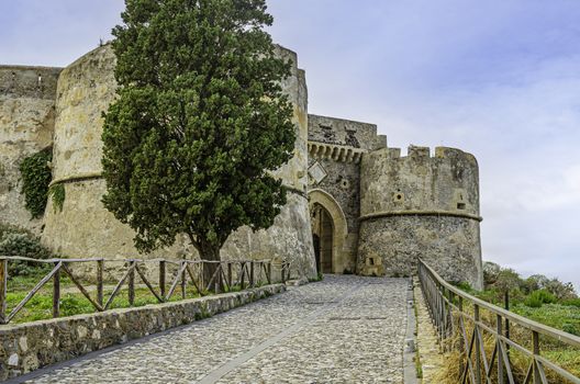 Access road to the main gate of the fortress of milazzo. milazzo. Sicily Italy.