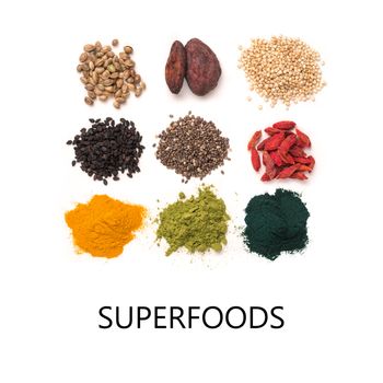 various superfoods isolated on white
