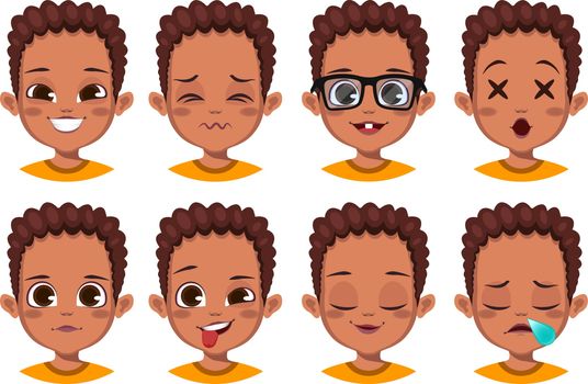 cute African boy with different facial expression set