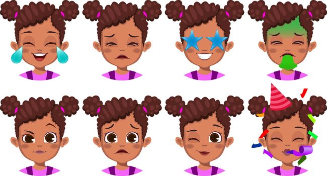cute African girl with different facial expression set