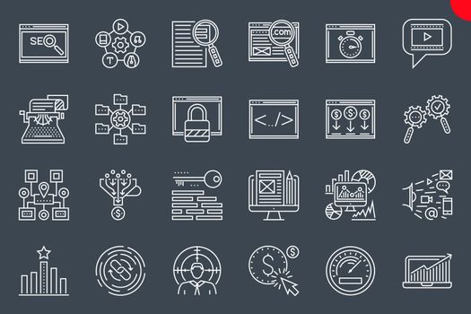Seo Thin Line Related Icons Set on Black Background.