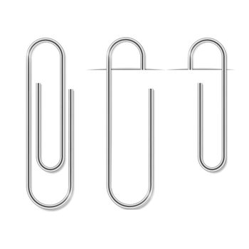 Clip set. Realistic paperclip attach. Office metal binder with shadow