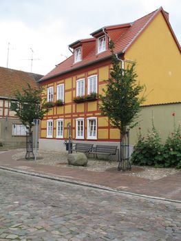 Renovated half-timbered house in Roebel, Mecklenburg-Western Pomerania, Germany.