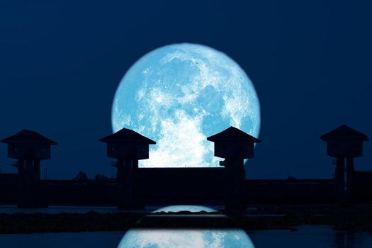 reflection Super blue moon and silhouette dam in the dark night sky