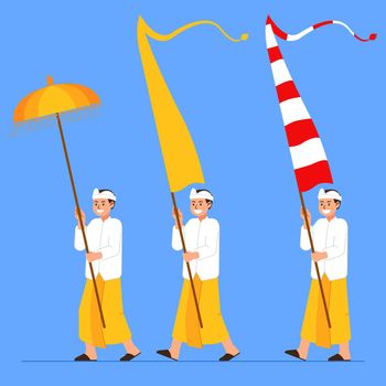 Balinese Boys Carry Long Flag And Umbrella