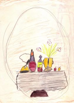 Dinner table with a food and drinks on it. Child drawing