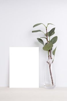 Blank paper sheet copy space with mockup and tree in bottle glass on wooden table, poster and invitation with empty on desk, card decoration your design or branding, simplicity and minimal, nobody.