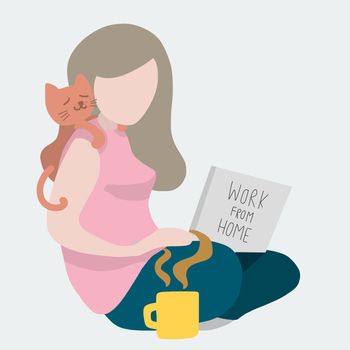 Woman work from home with cat vector illustration