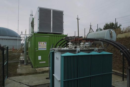 Industrial transformer at plant. An electrical substation.