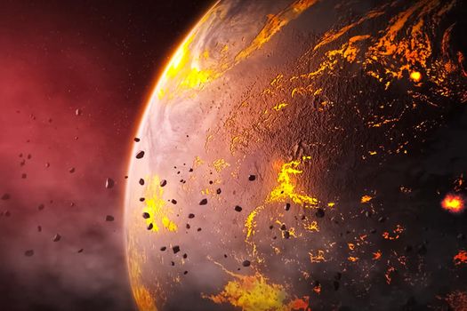 Illustration, asteroids around young hot planet.