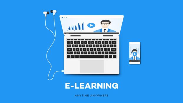 E-learning Vector Illustration With Smartphone, Notebook, And Teacher On The Screen. Conceptual Multiplatform Educational Template