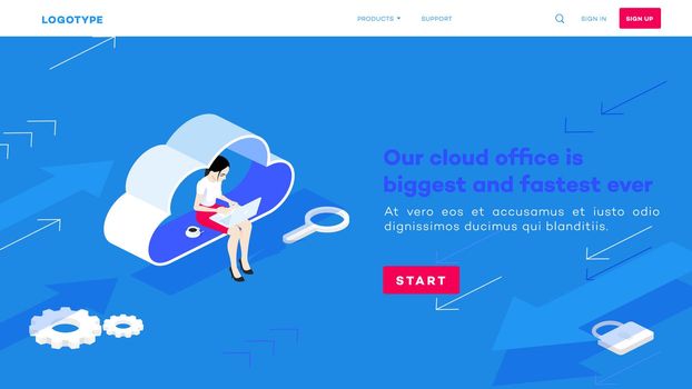 Isometric cloud office. Woman with laptop sit on cloud. Backup and file sharing concept.