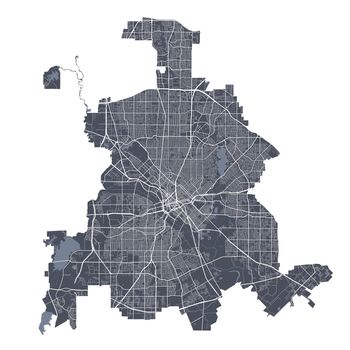 Dallas map. Detailed map of Dallas city poster with streets. Dark vector.