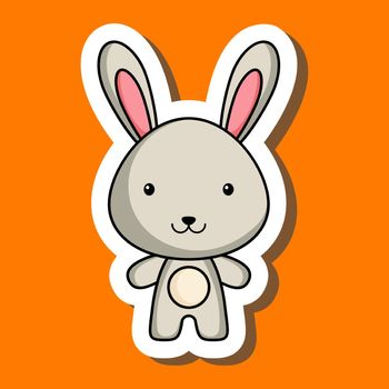Cute cartoon sticker little hare. Mascot animal character design for for kids cards, baby shower, posters, b-day invitation, clothes. Colored childish vector illustration in cartoon style.