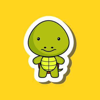Cute cartoon sticker little turtle. Mascot animal character design for for kids cards, baby shower, posters, b-day invitation, clothes. Colored childish vector illustration in cartoon style.