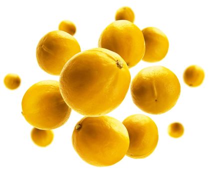 Yellow lemons levitate on a white background