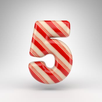 Number 5 on white background. Candy cane 3D number with red and white lines.