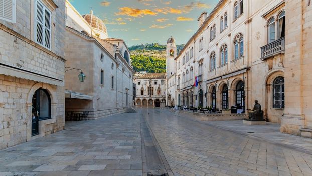 One of the main streets of the old town of Dubrovnik overlooking Mount Srd, Croatia.