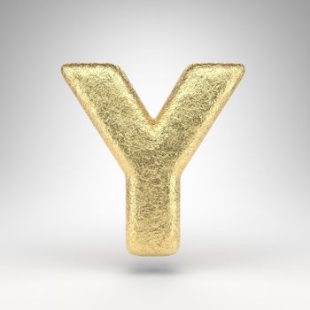 Letter Y uppercase on white background. Creased golden foil 3D letter with gloss metal texture.