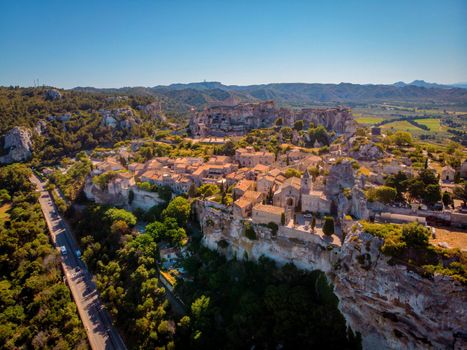 Les Baux de Provence village on the rock formation and its castle. France, Europe