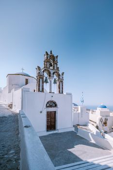 Pyrgos, Santorini, Greece. Famous attraction of white village with cobbled streets, Greek Cyclades Islands, Aegean Sea