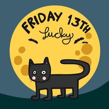 Black cat and Full moon, Lucky Friday 13th cartoon vector illustration