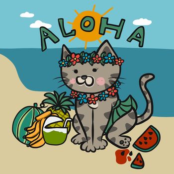 Aloha tabby cat wear Hawaii dress cartoon vector illustration