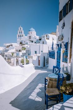 Pyrgos, Santorini, Greece. Famous attraction of white village with cobbled streets, Greek Cyclades Islands, Aegean Sea