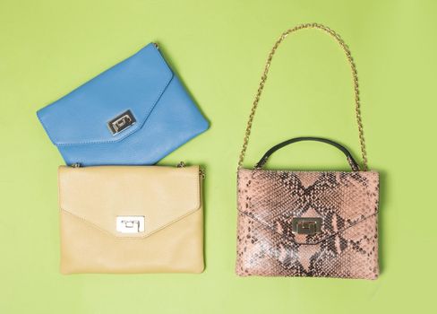 Leather color woman handbags isolated on a green background