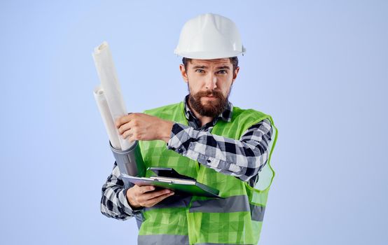 man in working uniform builder engineer blueprints professional