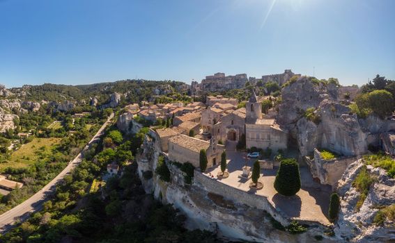Les Baux de Provence village on the rock formation and its castle. France, Europe