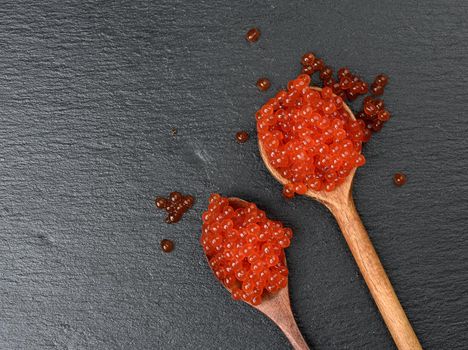 fresh grained red chum salmon caviar in wooden spoon, black background, close up