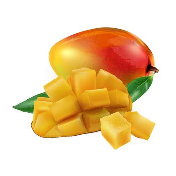 Composition of whole and diced mango with green leaves.