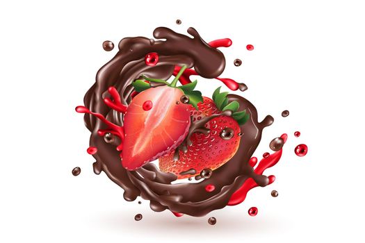 Chocolate splash with strawberries on a white background.