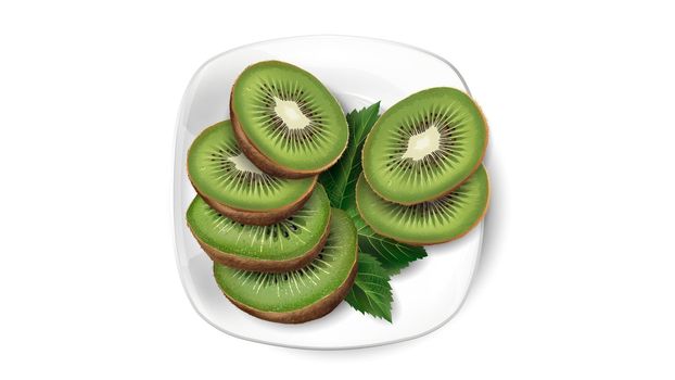 Kiwi slices and leaves on a white plate. 3D illustration