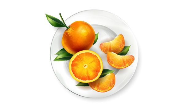 Orange tangerines with leaves on a white plate.