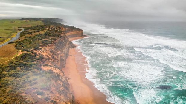 Gibson Steps, Twelve Apostles. Aerial view of beautiful australian coastline
