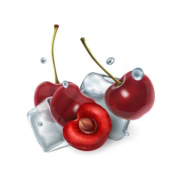 Juicy cherry berries with ice cubes and water droplets