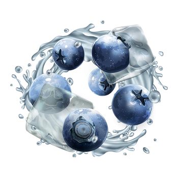Blueberries and dynamic water splash with ice cubes