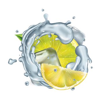 Fresh lemon slices in water splash with ice cubes