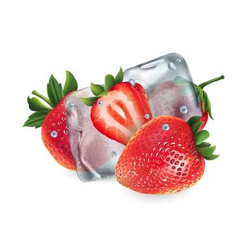 Fresh strawberries with ice cubes and water droplets