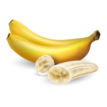 Whole bananas and peeled slices on a white background.