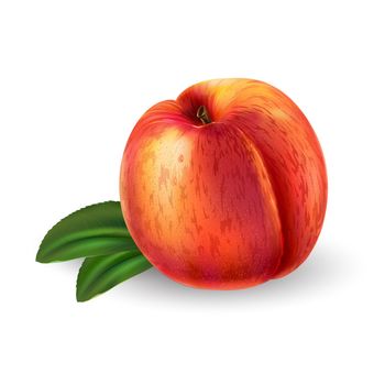Peach with leaves on a white background.