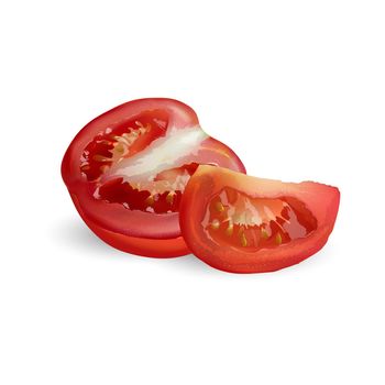 Sliced red tomato on a white background.