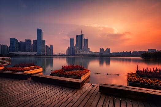 sunset over Swan Lake financial business district, Hefei city, China