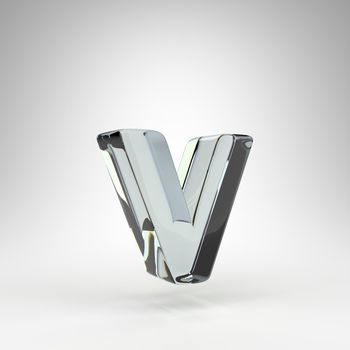 Letter V lowercase on white background. Camera lens transparent glass 3D letter with dispersion.